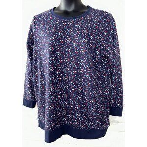 Land’s End Serious Sweats Sz PLUS 1X Sweatshirt Blue Red Stars French Terry EUC
